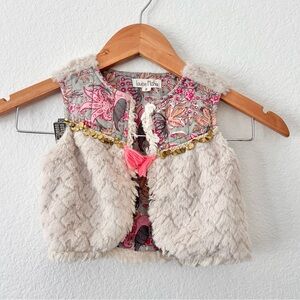 Louise Misha Boho Floral Paisley Faux Fur Vest Sz 2